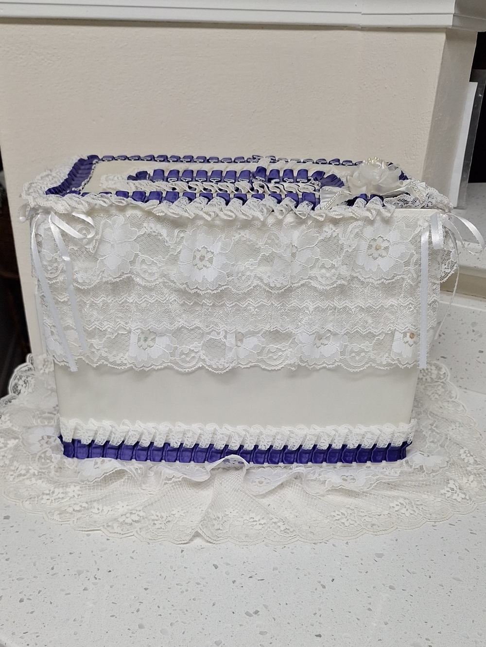 Lace Covered Decorative Box with Purple Ribbon Trim